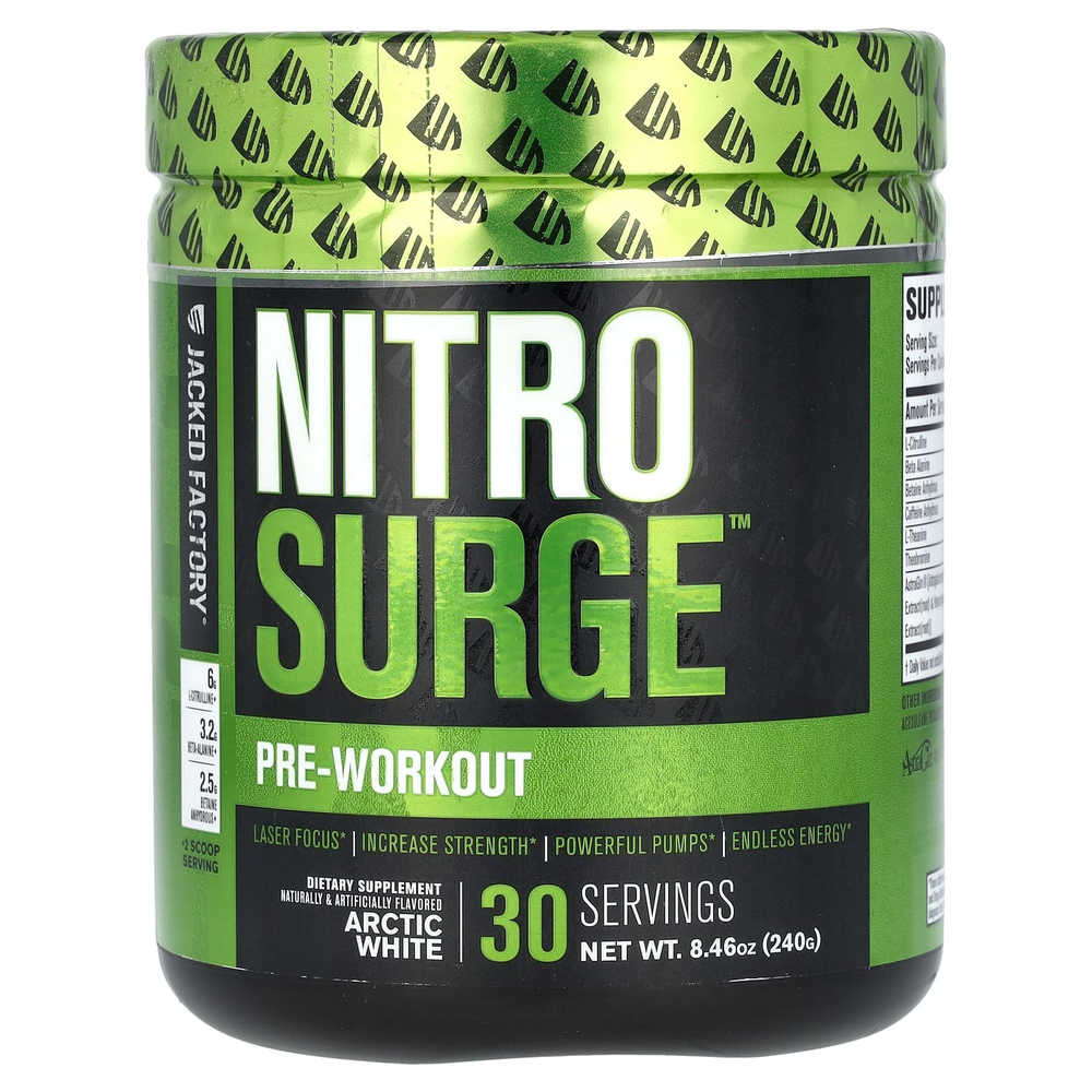 Jacked Factory, Nitro Surge, предтренировочный комплекс, арктический белый, 240 г (8,46 унции)