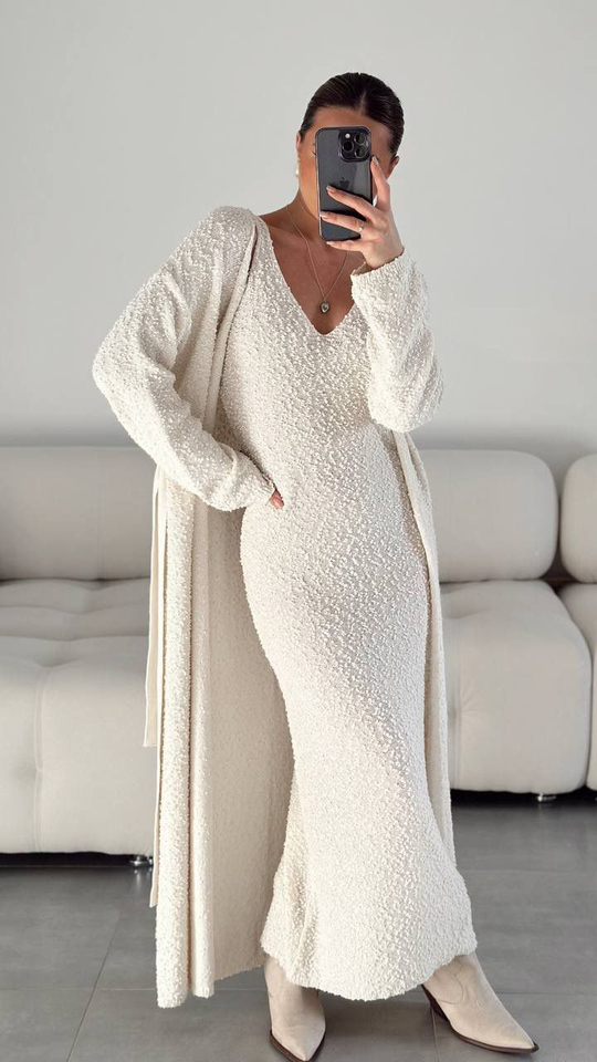 Костюм-двойка букле, платье с кардиганом на поясе