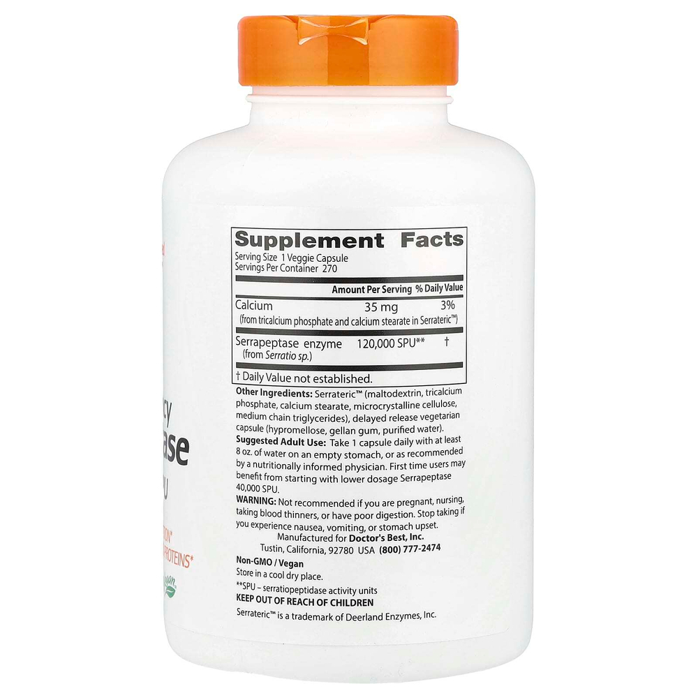 Doctor's Best, серрапептаза высокой эффективности, 120 000 SPU, 270 растительных капсул