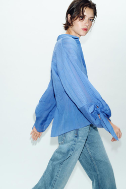 ZARA РУБАШКА В ПОЛОСКУ С БАНТАМИ, СИНИЙ