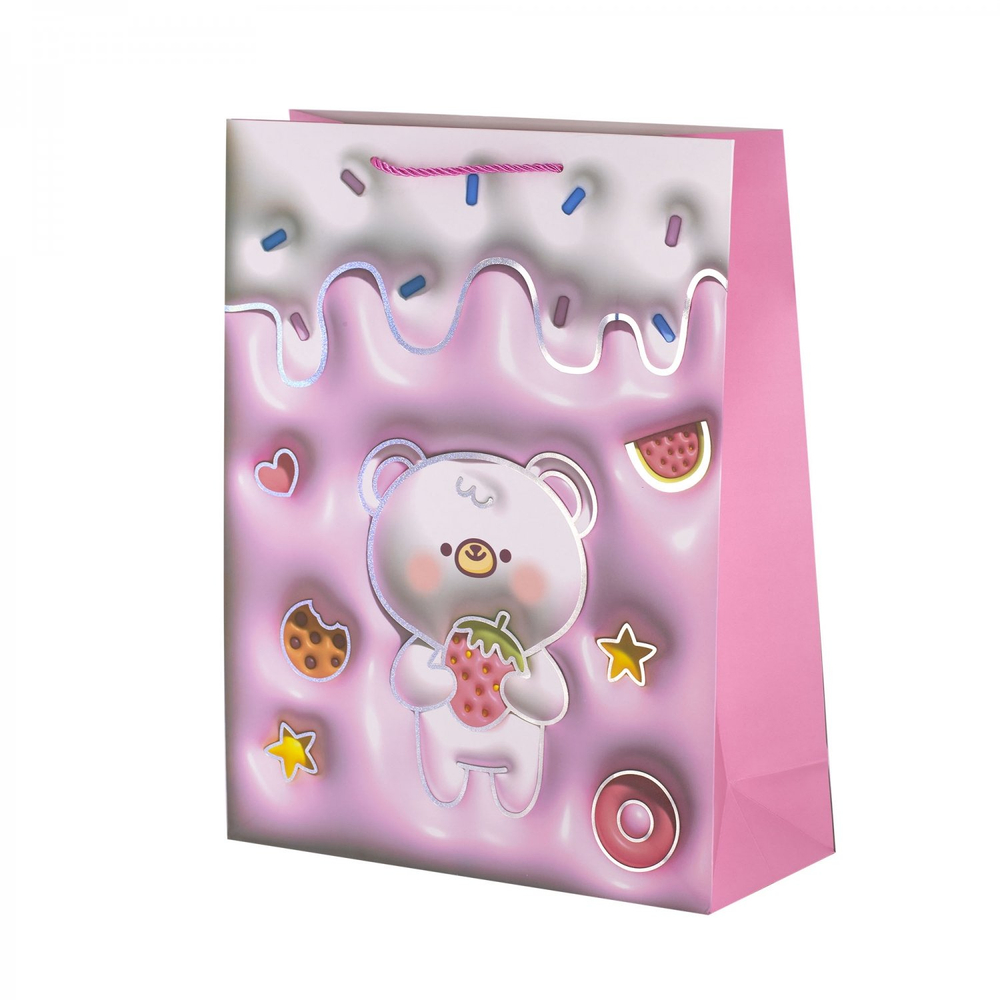 Пакет подарочный бумажный Alingar, (L+) 26х32х10 см, вертикальный, "Милые мишки", матов. ламинация, тиснение голография, эффект 3D, ассорти