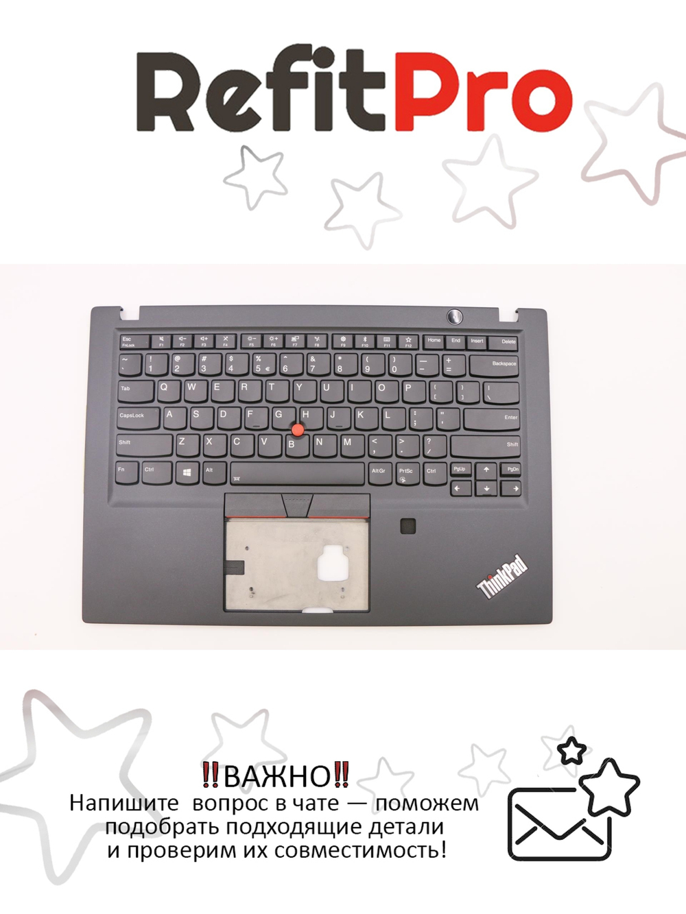 Верхняя панель с клавиатурой (топкейс) для ноутбука Lenovo ThinkPad T490s FingerPrint, черная, с подсветкой, раскладка - английская (02HM282)