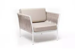 "Касабланка" кресло плетеное из роупа, каркас алюминий белый муар, роуп бежевый 20мм, ткань бежевая 15052