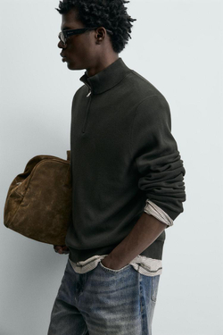 ZARA ХЛОПКОВЫЙ СВИТЕР С ВОРОТНИКОМ НА МОЛНИИ, ЗЕЛЕНЫЙ