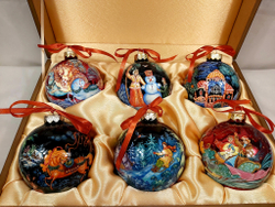 Сувенирный набор из 6-ти новогодних шаров с ручной росписью Палех