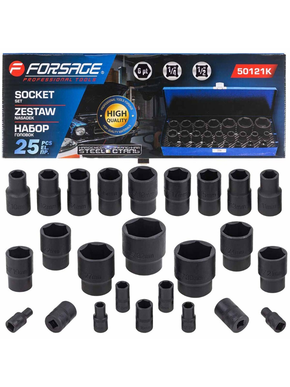 Головки ударные, набор 25пр. 1/4'', 1/2''(6гр.) Forsage F-50121K