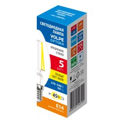 LED-C35-5W-3000K-E14-CL-SLF Лампа светодиодная. Форма свеча. прозрачная. Теплый белый свет 3000K. ТМ Volpe