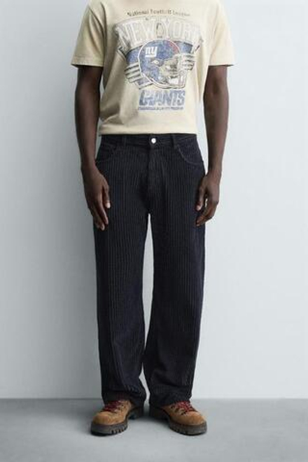 ZARA ВЕЛЬВЕТОВЫЕ БРЮКИ BAGGY FIT, МОРСКОЙ СИНИЙ