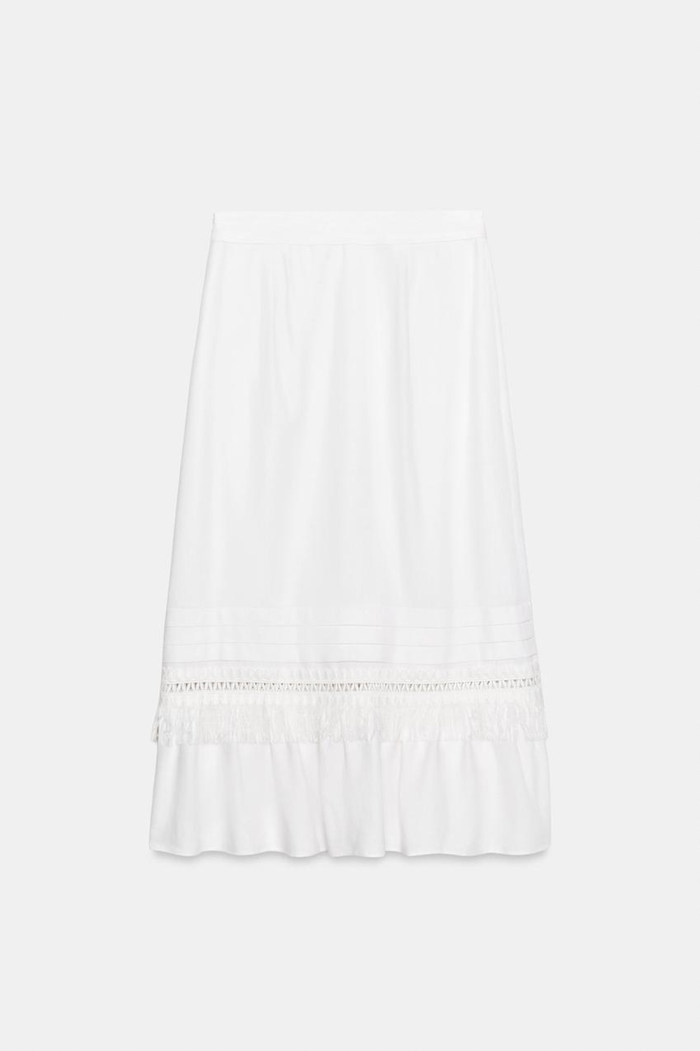 ZARA ЛЬНЯНАЯ ЮБКА МИДИ С БАХРОМОЙ, БЕЛЫЙ