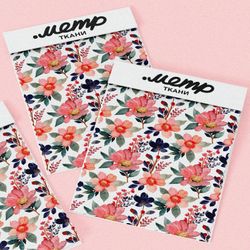 Ткань лен розовые цветы с фиолетовым акцентом