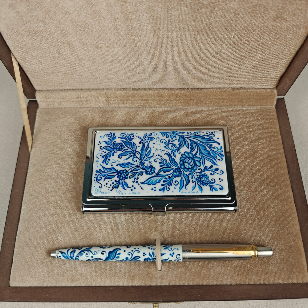 Набор "Гжель кобальт" визитница и ручка Parker с ручной росписью Палех