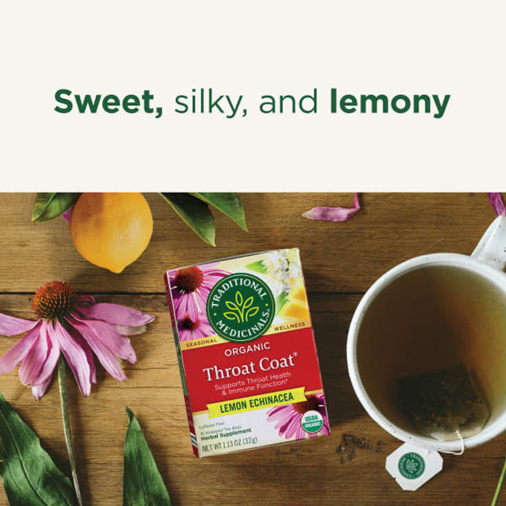 Traditional Medicinals, Organic Throat Cover®, лимон и эхинацея, без кофеина, 16 чайных пакетиков, 32 г (1,13 унции)