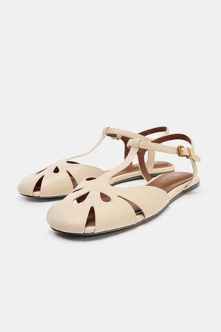 ZARA БОСОНОЖКИ НА ПЛОСКОЙ ПОДОШВЕ, ЭКРЮ