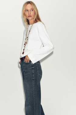 ZARA ФУТБОЛКА С ВЫРЕЗОМ «ЛОДОЧКА», БЕЛЫЙ