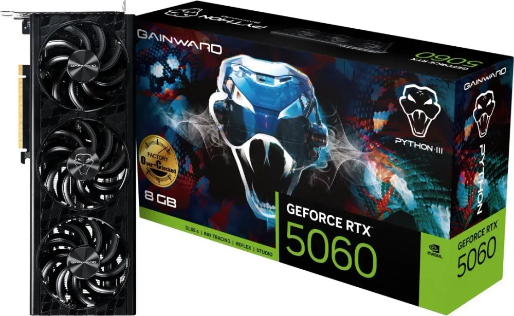 Видеокарта Gainward GeForce RTX 5060 Python III OC, 8Gb/128bit GDDR7, HDMIx1+3xDP, PCIe5.0