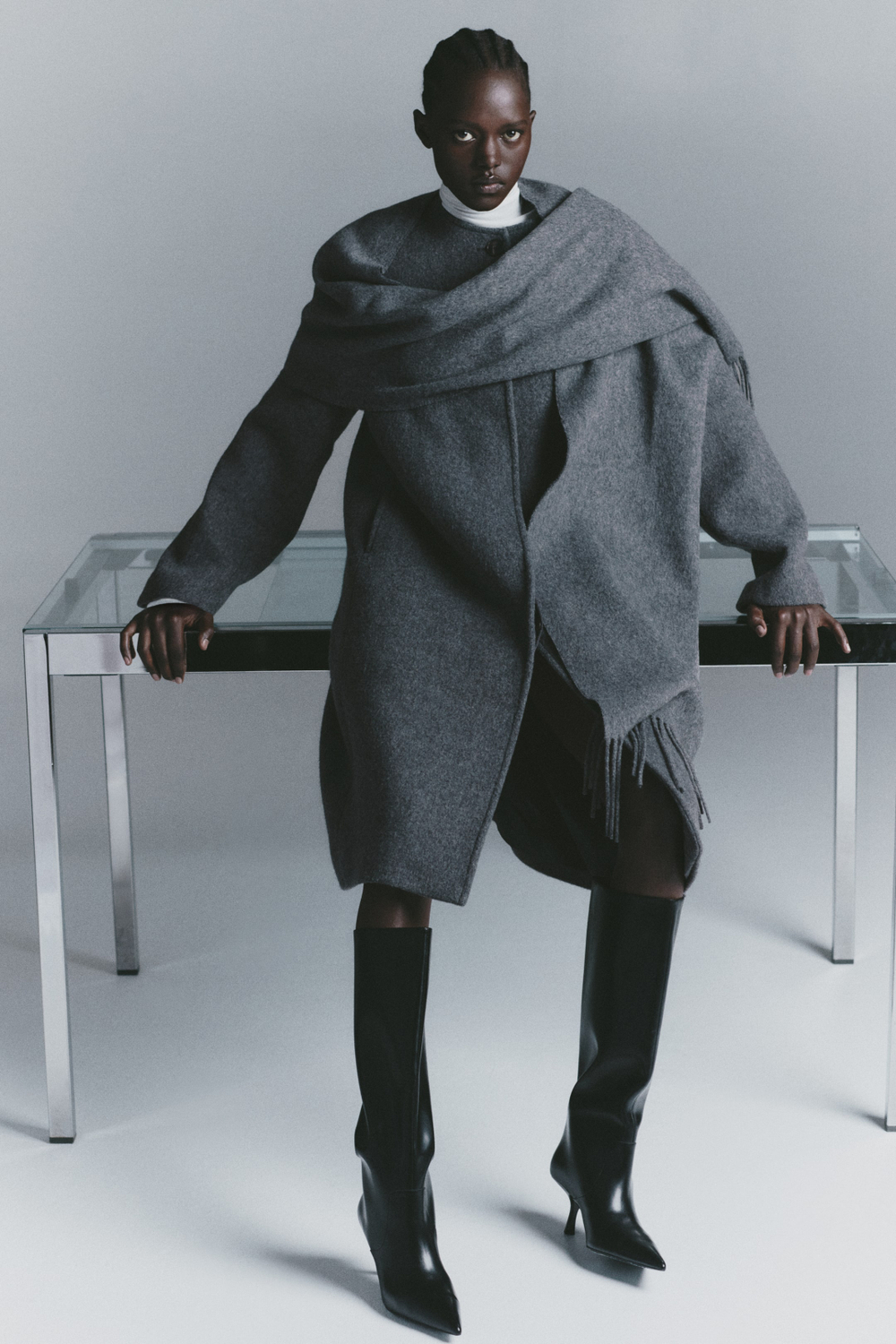 H&M Пальто из смесовой шерсти с воротником-шарфом, темно-серый