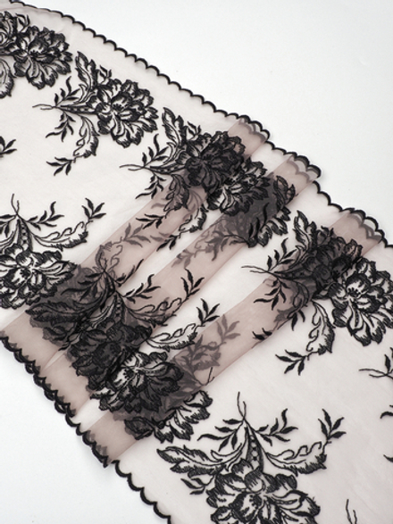 Кружево вышивка на сетке серебристый пион с черным неэластичная ширина 27 см