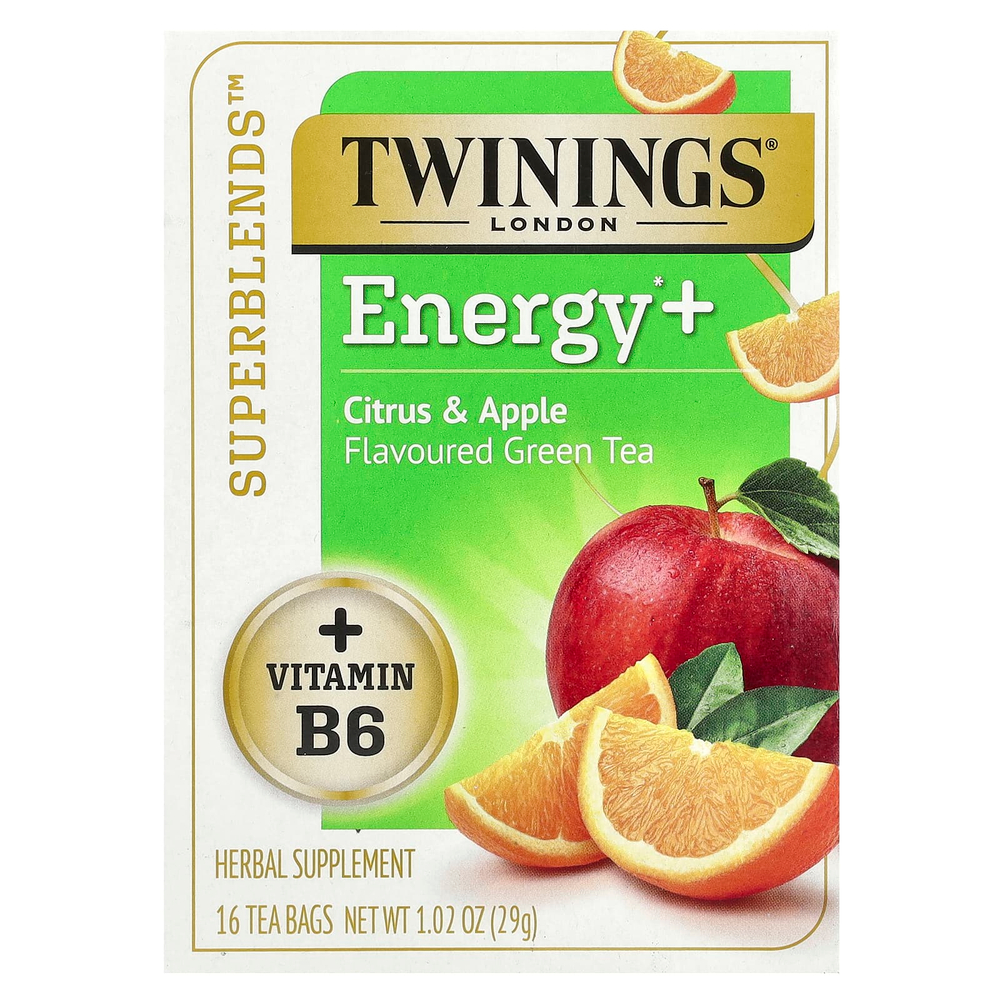 Twinings, Superblends ™, Energy + зеленый чай, цитрус и яблоко, 16 чайных пакетиков, 29 г (1,02 унции)