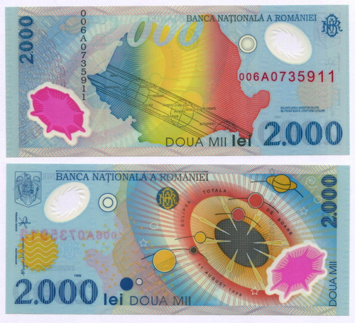 Памятная банкнота Румыния 2000 лей 1999 год. Солнечное затмение 006A № 0735911 (пластик)