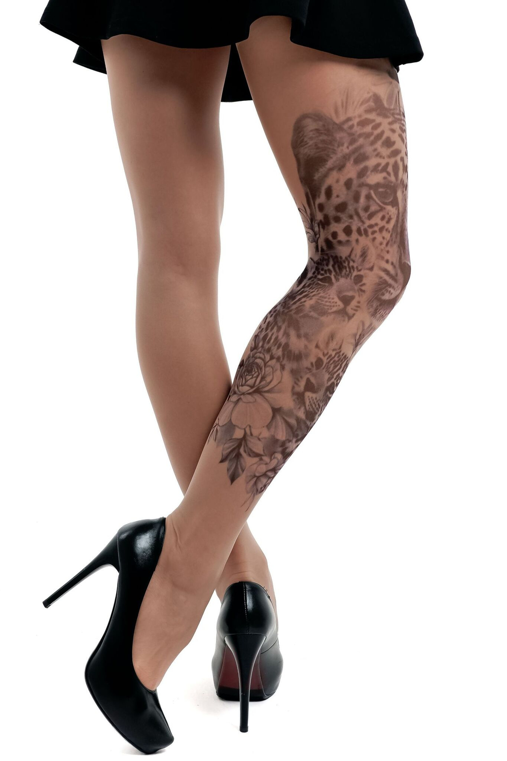 Колготки +size с принтом в виде семейства леопардов (Размер: XL-XXL-XXXL) (Цвет: бежевый)