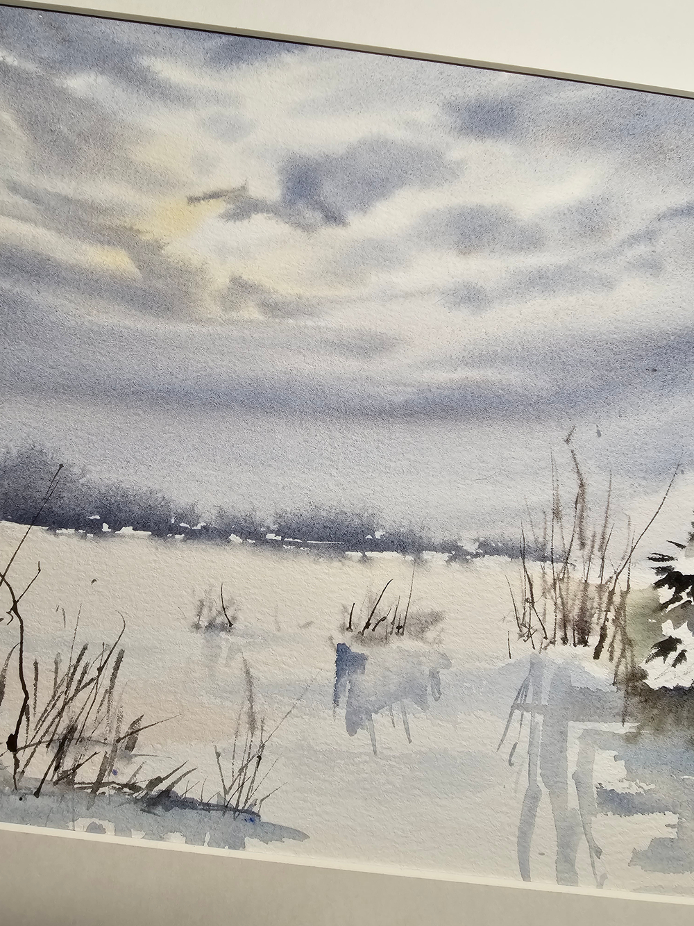 Картина авторская акварельная в паспарту 30х40 см на стену для интерьера "Поздний рассвет. Зима"
