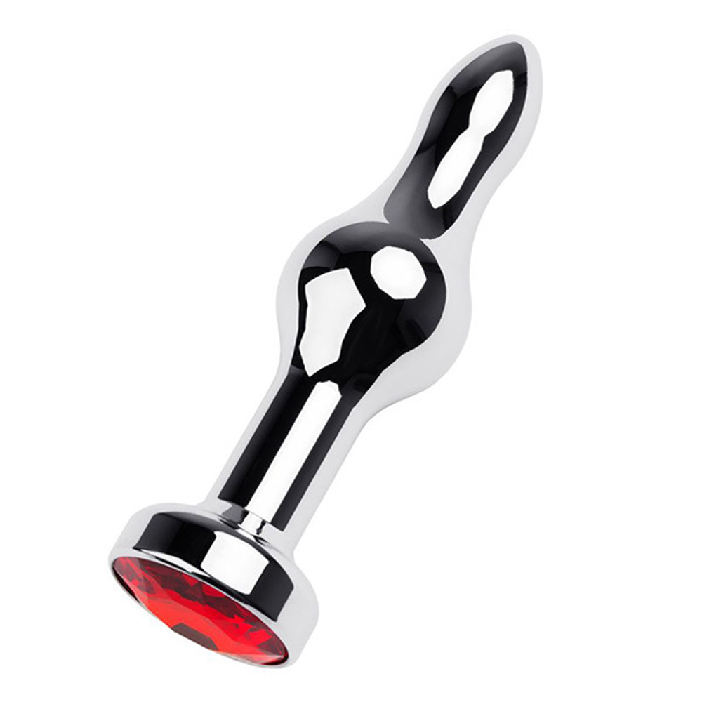 Серебристый анальный плаг 10см с красным кристаллом ToyFa Metal 717037-9