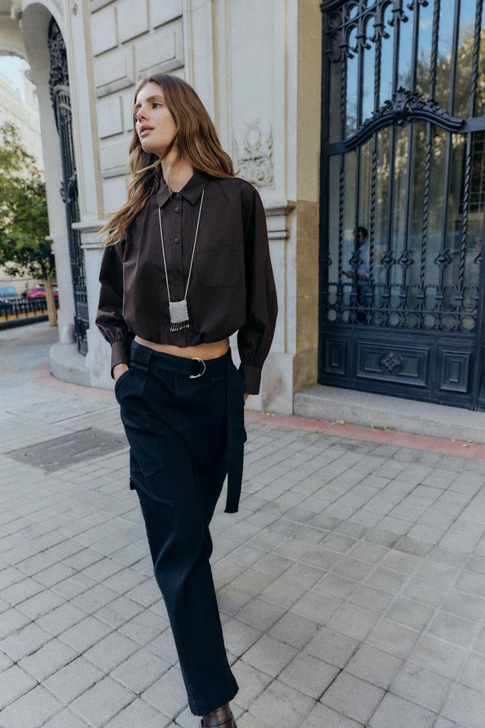 ZARA КОРОТКАЯ РУБАШКА ИЗ ПОПЛИНА, КОРИЧНЕВЫЙ