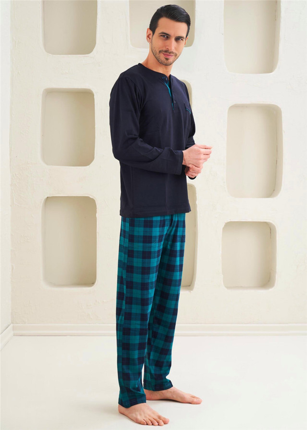 Мужская Пижама 2-х предметная - Классический стиль, средняя плотность, уникальный дизайн - Зеленая клетка - 10810