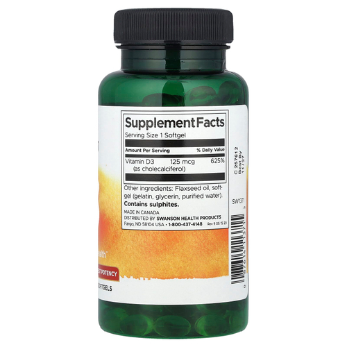 Swanson Vitamins, витамин D3, высочайшая эффективность, 125 мкг (5000 МЕ), 250 капсул