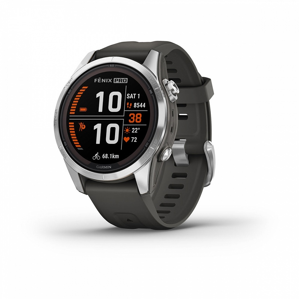 Смарт-часы Garmin Fenix 7s Pro Solar серебристый с черным силиконовым ремешком, 010-02776-01