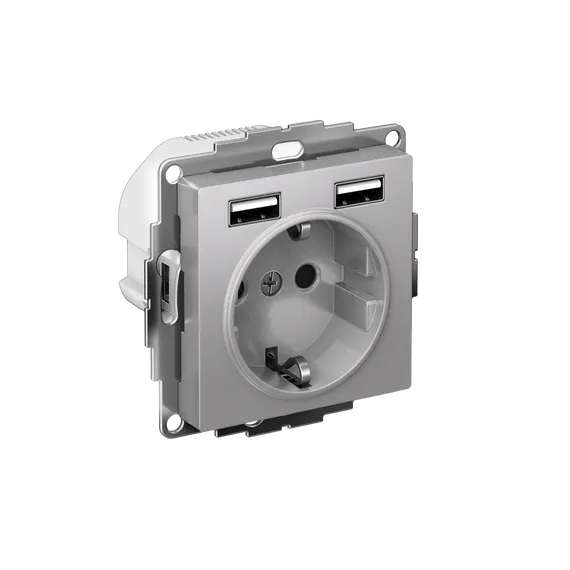 Розетка 1-м СП AtlasDesign 16А IP20 с 2-мя заряд. устройствами USB тип A+A 5В/2.4А 2х5В/1.2А механизм алюм. SE ATN000330