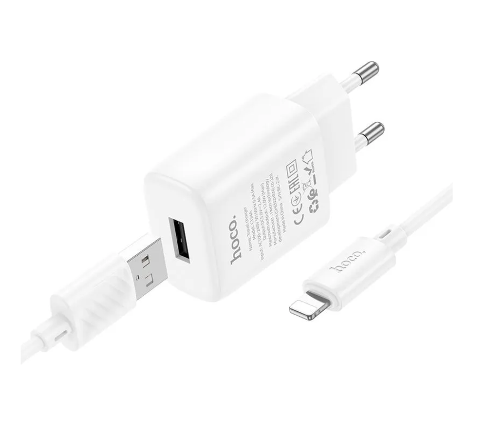 Сетевой адаптер питания HOCO C134A 1USB 2.1A + кабель Lightning (белый)