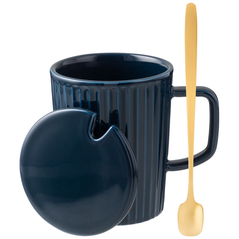 КРУЖКА LEFARD "HERBAL" С КРЫШКОЙ И МЕТАЛЛ. ЛОЖКОЙ 350 МЛ СИНЯЯ (КОР=48ШТ.)