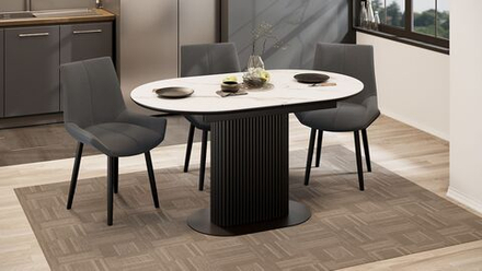 Стол кухонный обеденный раздвижной Черный муар/Керамика матовая белый мрамор 140(180)х85х76 см