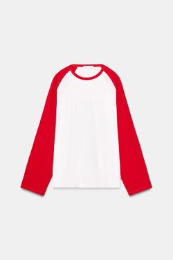 ZARA ФУТБОЛКА С ДЛИННЫМИ РУКАВАМИ И КОНТРАСТНЫМИ ЭЛЕМЕНТАМИ, БЕЛЫЙ/КРАСНЫЙ