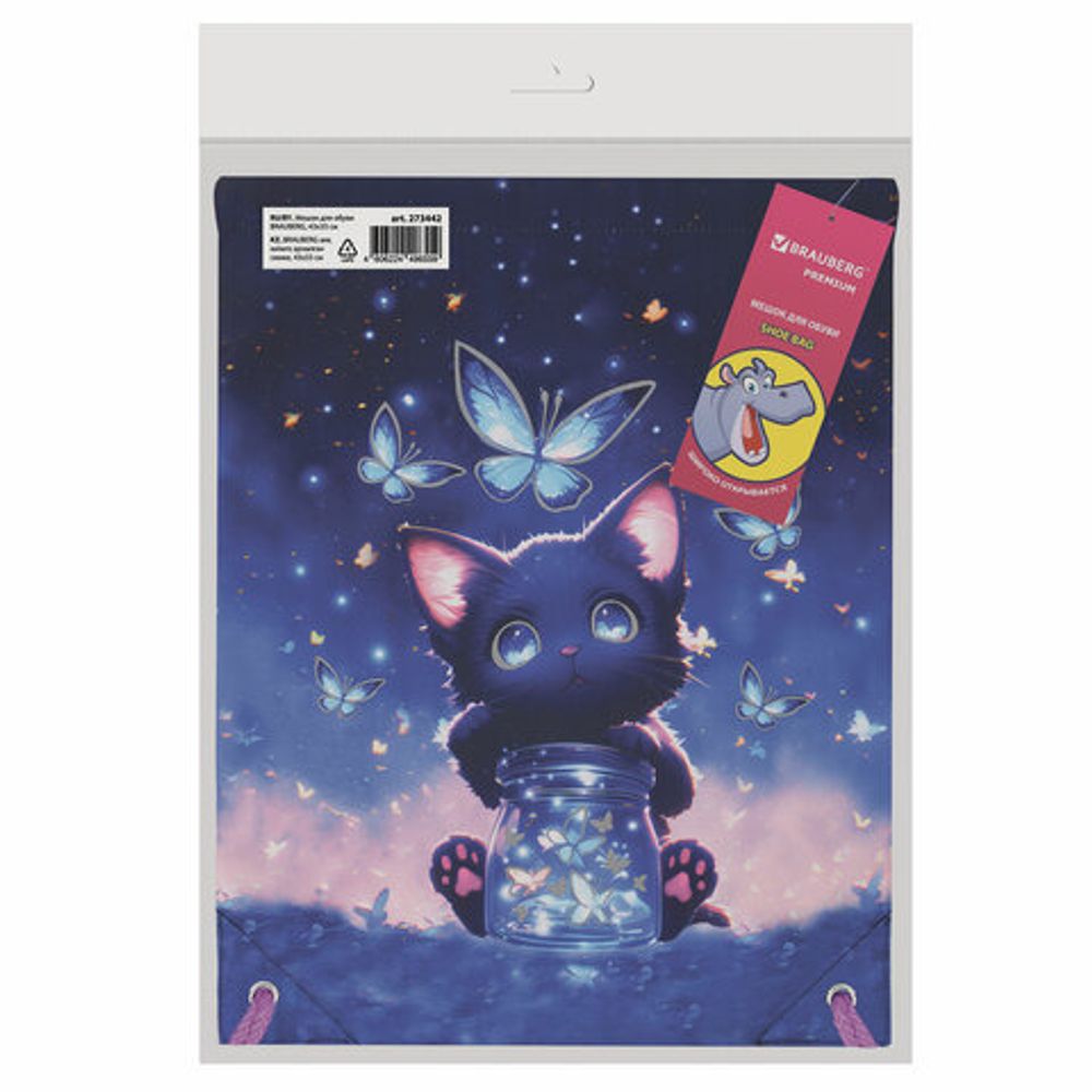 Мешок для обуви BRAUBERG PREMIUM, карман, подкладка, светоотражайка, 43х33 см, "Night catcher", 273442