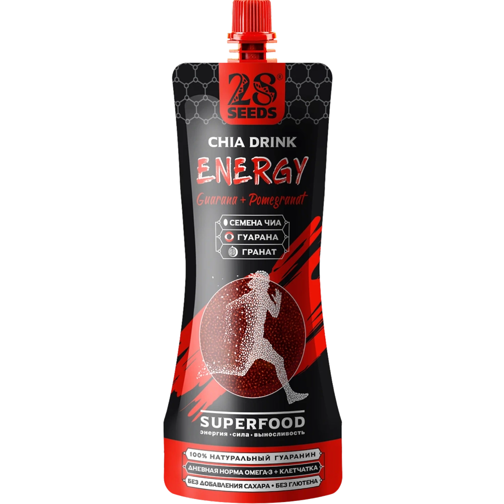 Напиток Чиа СУПЕРФУД «Энергия гуараны + гранат» 250 мл 28SEEDS — вид спереди упаковки