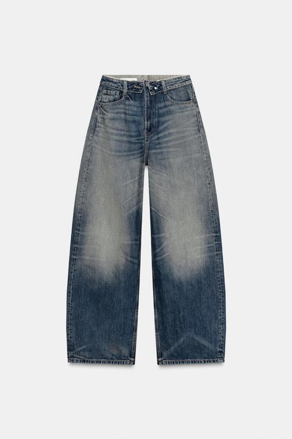 ZARA ДЖИНСЫ TRF СО СРЕДНЕЙ ПОСАДКОЙ И ОТВЕРНУТЫМ ПОЯСОМ, СИНИЙ