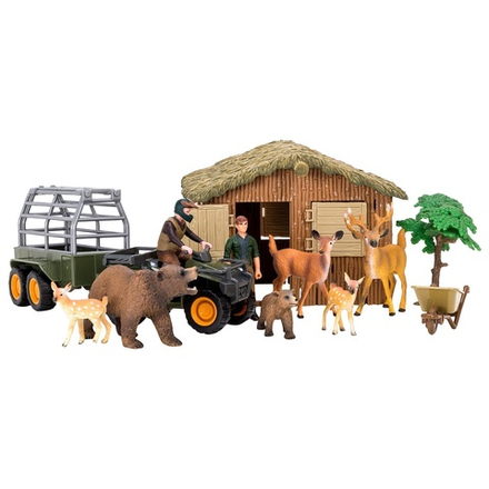 Набор фигурок животных cерии "На ферме": ферма, олени, медведи, фермер, квадроцикл для перевозки животных, инвентарь -  14 предметов