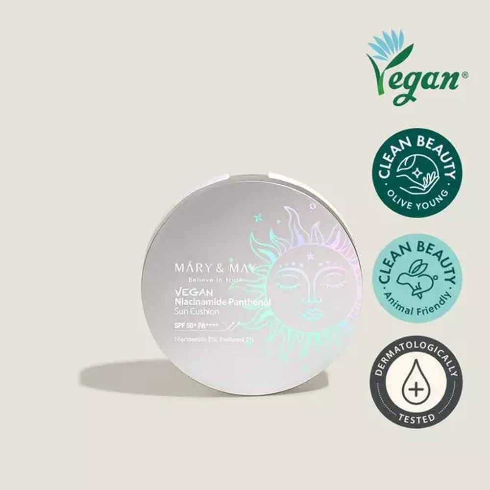 Mary&May Cолнцезащитный кушон с ниацинамидом и пантенолом Vegan Niacinamide Panthenol Sun Cushion SPF50+ PA++++