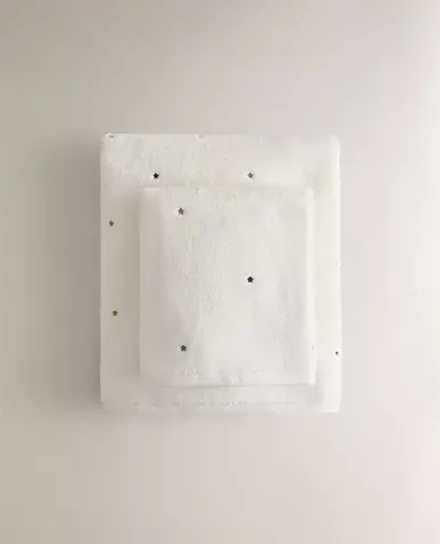 ZARA HOME ДЕТСКОЕ КУПАЛЬНОЕ ПОЛОТЕНЦЕ С ВЫШИВКОЙ «ЗВЕЗДЫ», ЖЕЛТОВАТО-БЕЛЫЙ