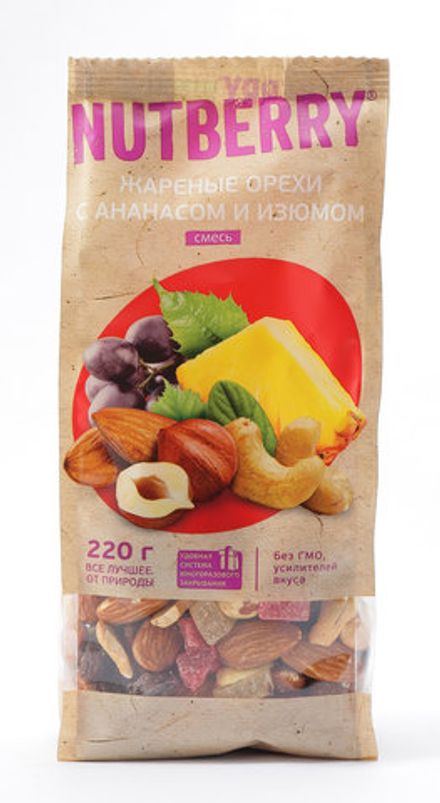 NUTBERRY Смесь жареных орехов с ананасом и изюмом 220 г