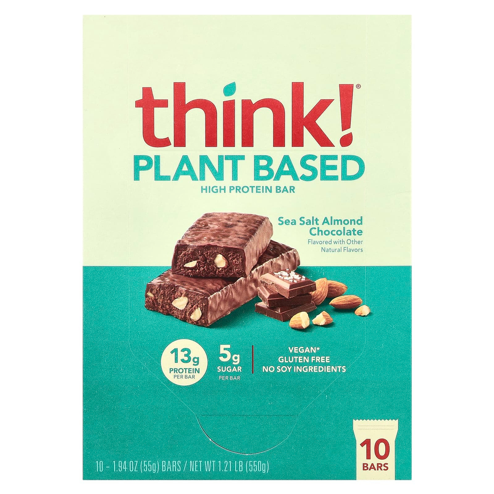 Think !, высокопротеиновые батончики, с морской солью, миндалем и шоколадом, 10 батончиков по 55 г (1,94 унции)