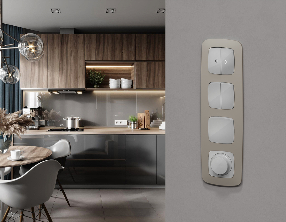 MO404055 Комплект механизма 2-кл выключателя с самовозвратом с подсветкой 5600K OMEGA Серебро глянец QUANT (OP4040, VM129, G14W)