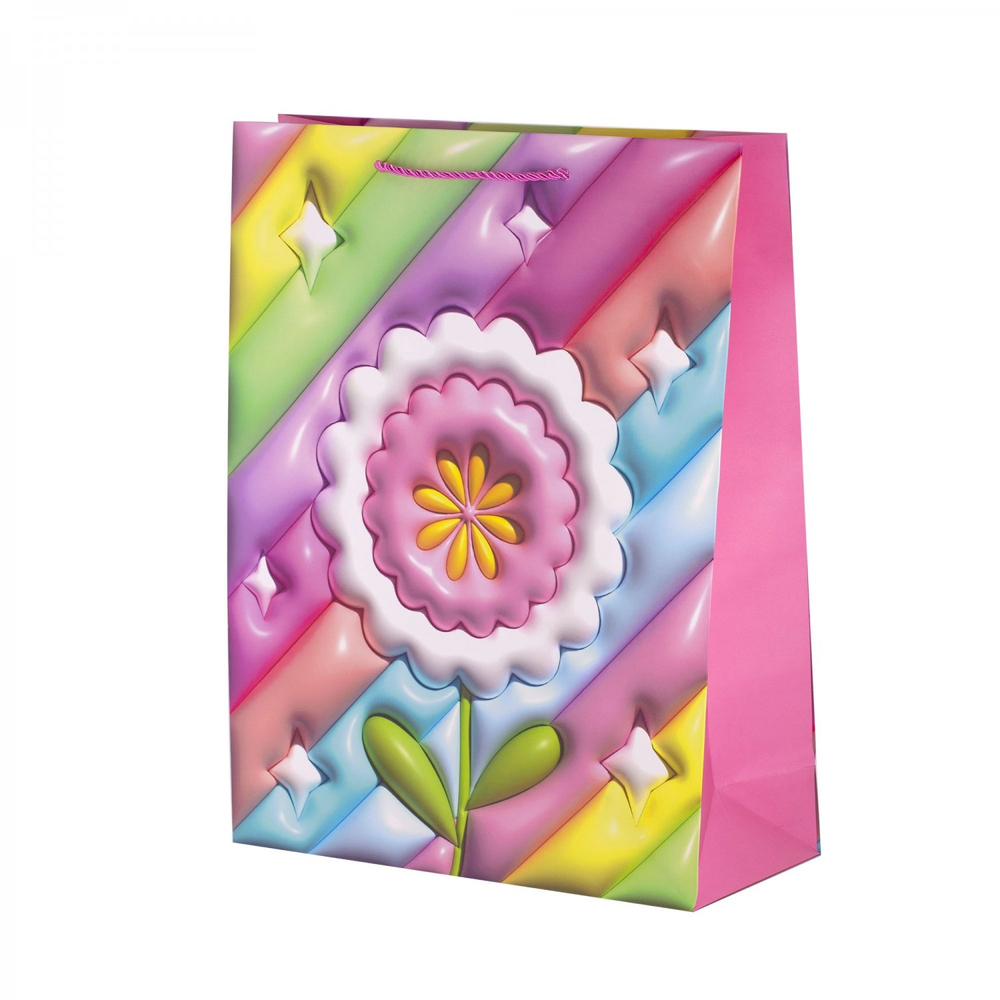 Пакет подарочный бумажный Alingar, (L+) 26х32х10 см, вертикальный, "Объемный цветочек", матов. ламинация, эффект 3D, ассорти