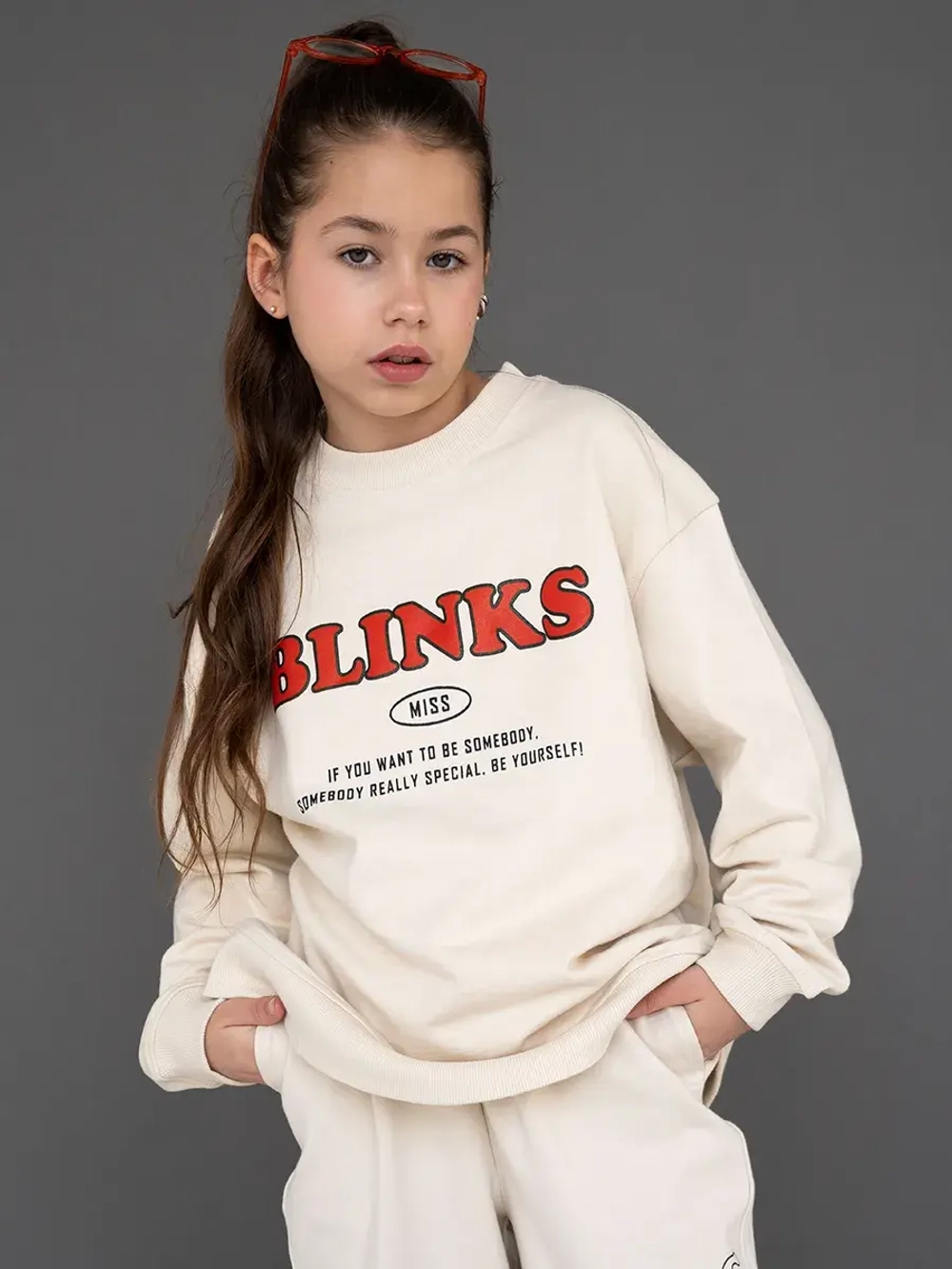 Костюм для девочки, свитшот и брюки, бежевый