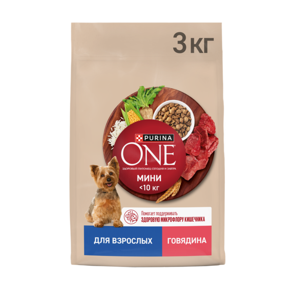 Сухой корм Purina ONE МИНИ для взрослых собак мелких и карликовых пород, с говядиной и рисом, 3 кг