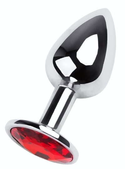 Маленькая коническая серебристая анальная пробка с красным кристаллом - 7 см. (Цвет: красный)