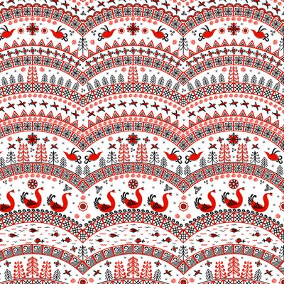 Птицы, полукруглые орнаменты на белом фоне. Мезенская роспись. (Дизайнер Irina Skaska)