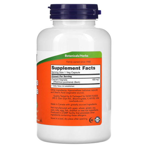 NOW Foods, Cascara Sagrada, 450 мг, 250 растительных капсул